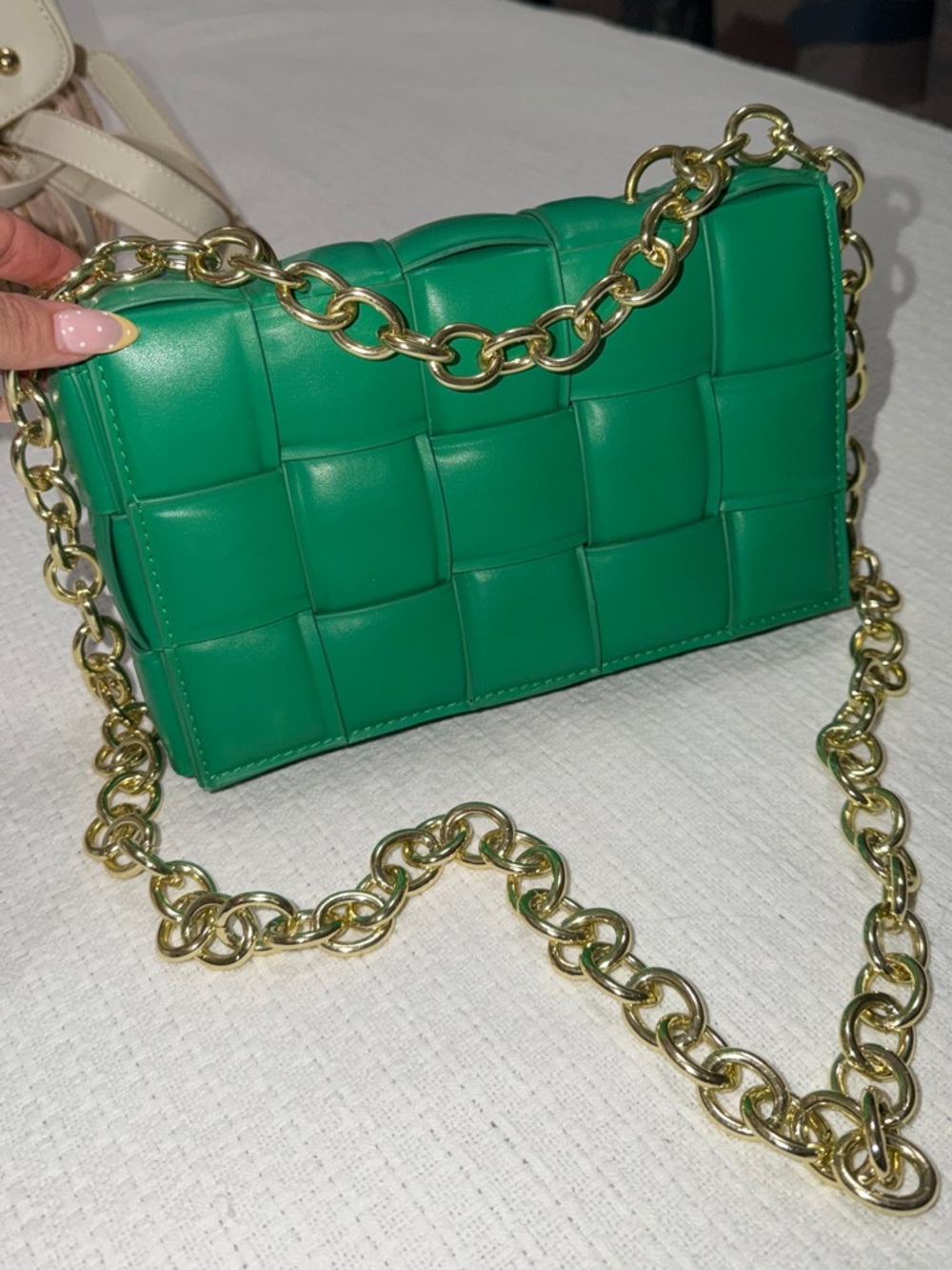 Green Woven Leather Shoulder Bag with Gold Chain